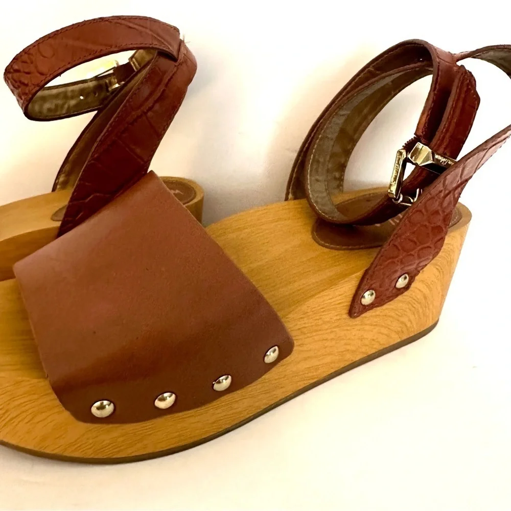 Sam Edelman Wood Platform Clog Sandel Brown Leather Size 8